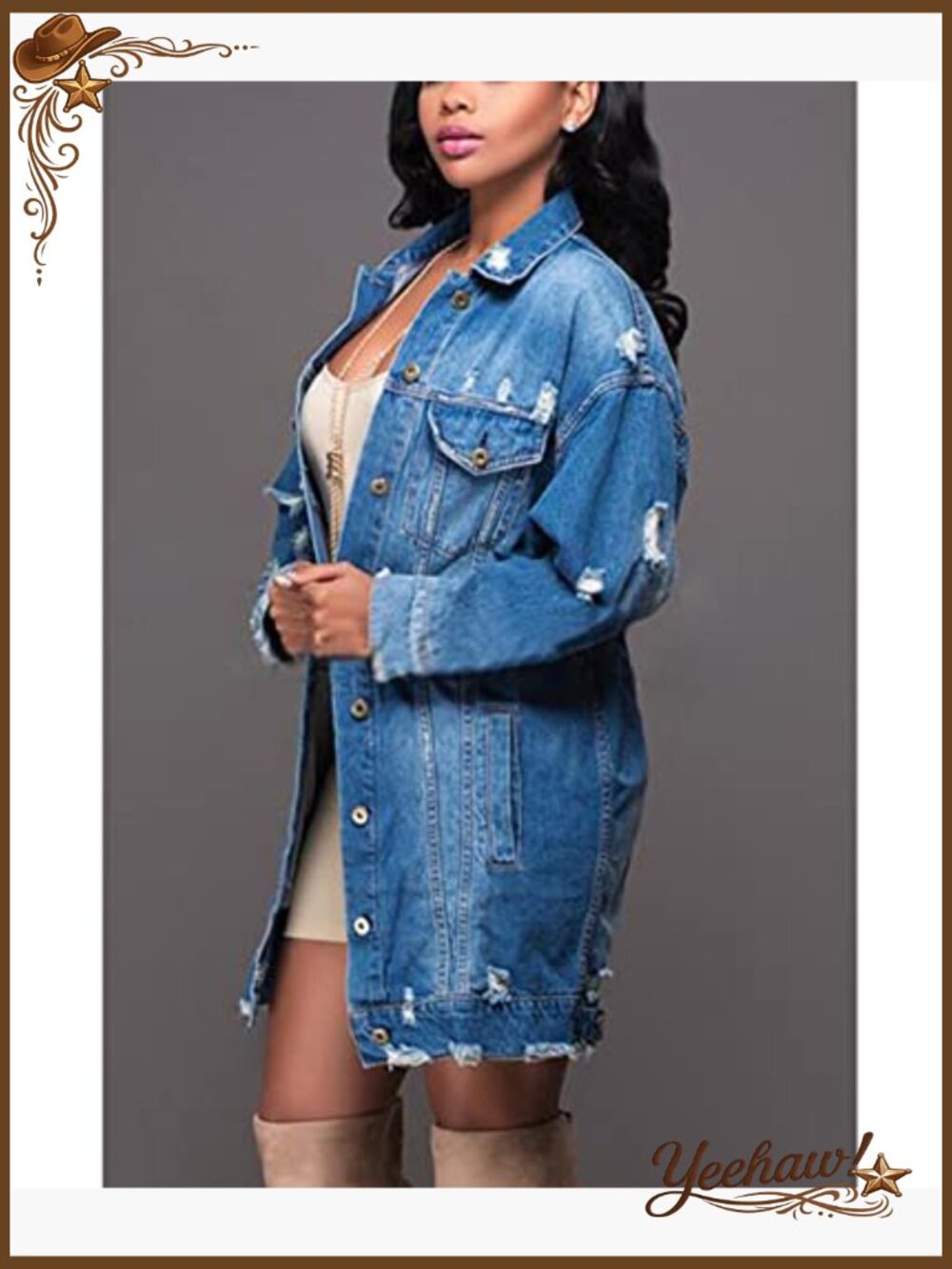 Distressed Denim Trucker Jacket Ripped Long Sleeve Button Front Oversized - Picture 5 of 7